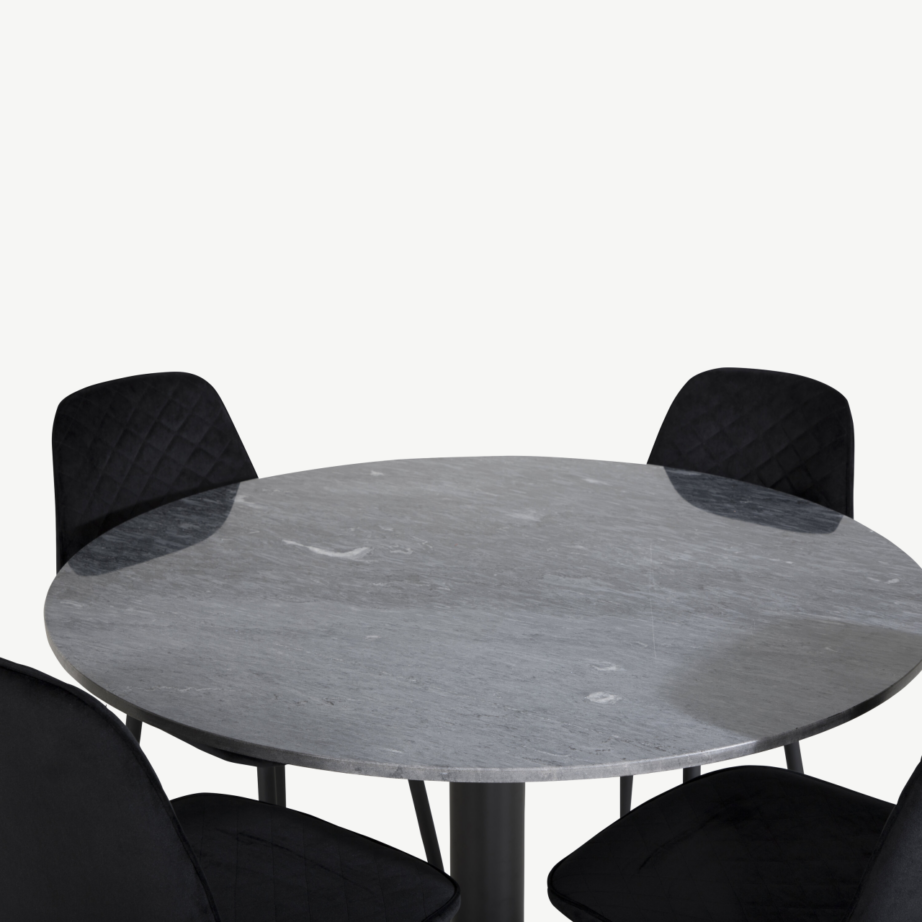 Estelle ümmargune marmorist söögilaud (⌀106 cm) ja mustad sametist Polar toolid, GR20503 – 3