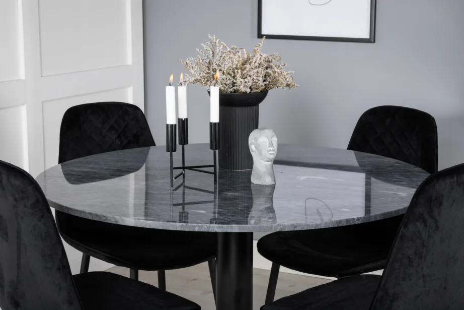 Estelle ümmargune marmorist söögilaud (⌀106 cm) ja mustad sametist Polar toolid, GR20503 – 6