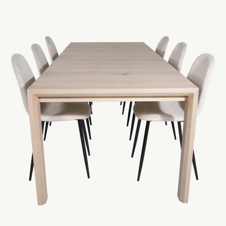 Laiendatav tammepuidust söögilaud Slider valge peitsiga ja Polar toolid sametpolstriga, GR20534 – 2