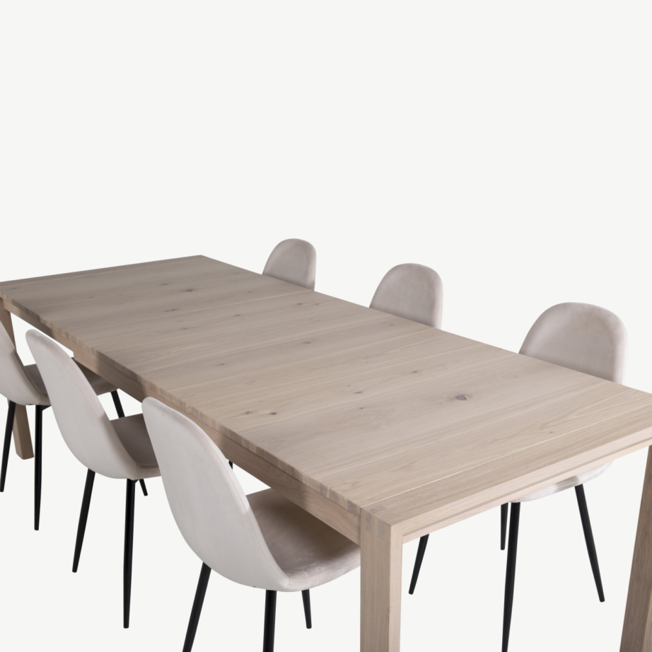 Laiendatav tammepuidust söögilaud Slider valge peitsiga ja Polar toolid sametpolstriga, GR20534 – 4