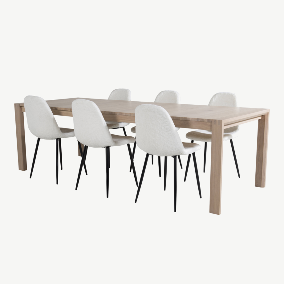 Pikendatav tammest söögilaud Slider valgeks peitsituna ja Polar söögitoolidega (valge buklee), GR20538