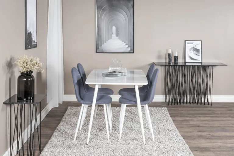 Ristkülikukujuline valge söögilauakomplekt Polar siniste toolidega (MDF ja teras) - GR20568