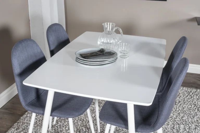Ristkülikukujuline valge söögilauakomplekt Polar siniste toolidega (MDF ja teras) - GR20568