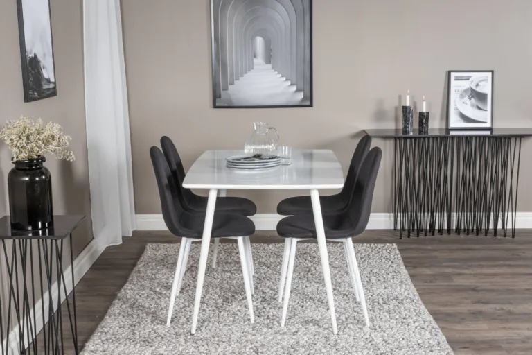 Valge ristkülikukujuline söögilaua komplekt Polar mustade polsterdatud toolidega (4 tk), MDF ja teras - GR20569