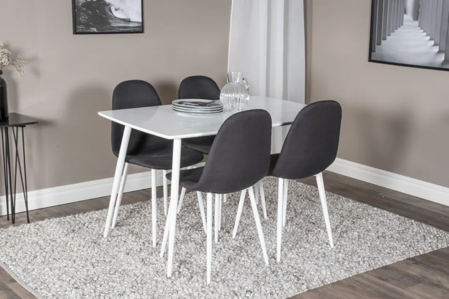 Valge ristkülikukujuline söögilaua komplekt Polar mustade polsterdatud toolidega (4 tk), MDF ja teras, GR20569 – 6