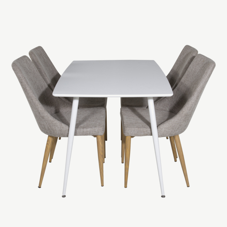 Valge söögilauakomplekt Polar 120 cm ja helehallid polsterdatud toolid Leone - GR20573