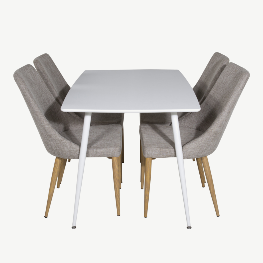 Valge söögilauakomplekt Polar 120 cm ja helehallid polsterdatud toolid Leone, GR20573 – 2