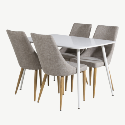 Valge söögilauakomplekt Polar 120 cm ja helehallid polsterdatud toolid Leone - GR20573