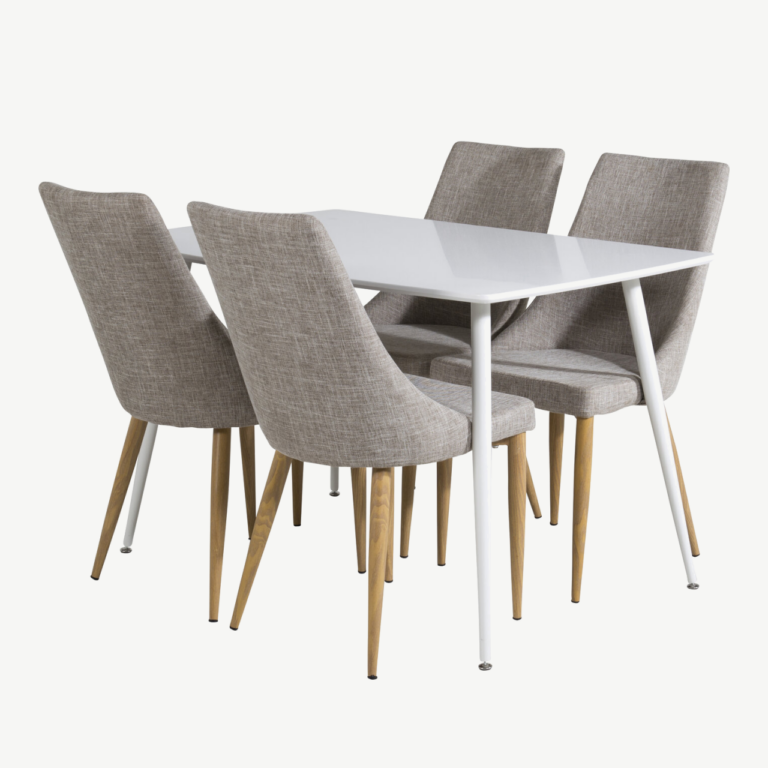 Valge söögilauakomplekt Polar 120 cm ja helehallid polsterdatud toolid Leone - GR20573