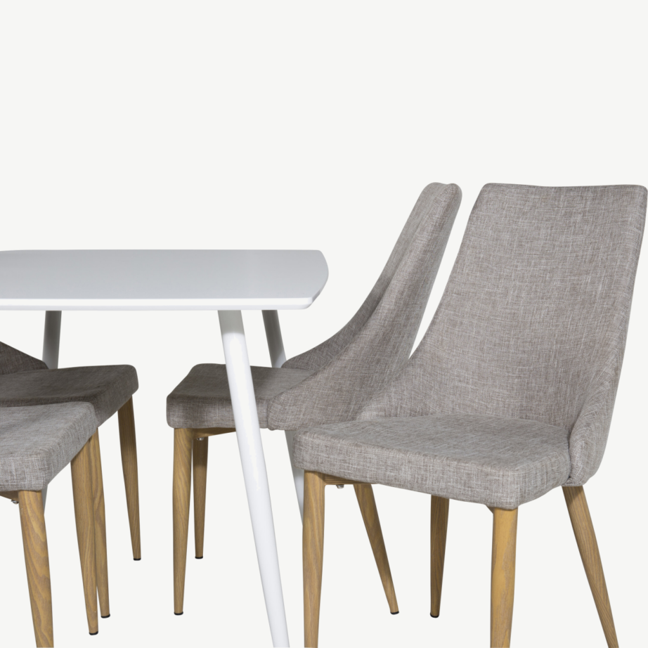 Valge söögilauakomplekt Polar 120 cm ja helehallid polsterdatud toolid Leone, GR20573 – 3