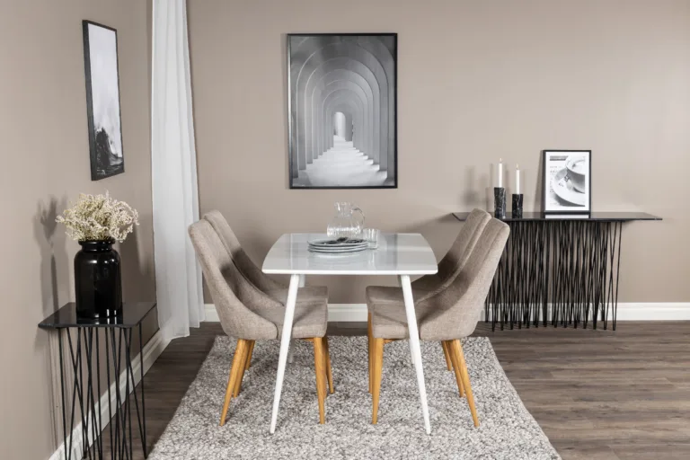 Valge söögilauakomplekt Polar 120 cm ja helehallid polsterdatud toolid Leone - GR20573