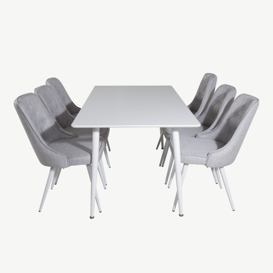 Polar ristkülikukujuline valge söögilauakomplekt MDF lauaga ja 6 helehalli polsterdatud tooliga, GR20578 – 2