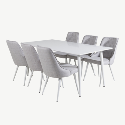 Polar ristkülikukujuline valge söögilauakomplekt MDF lauaga ja 6 helehalli polsterdatud tooliga - GR20578