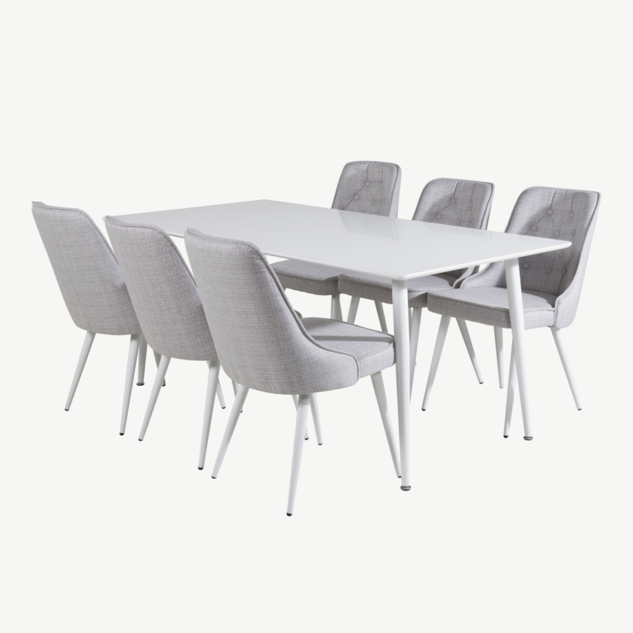 Polar ristkülikukujuline valge söögilauakomplekt MDF lauaga ja 6 helehalli polsterdatud tooliga, GR20578