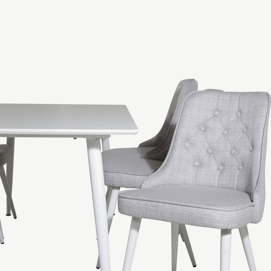 Polar ristkülikukujuline valge söögilauakomplekt MDF lauaga ja 6 helehalli polsterdatud tooliga, GR20578 – 3