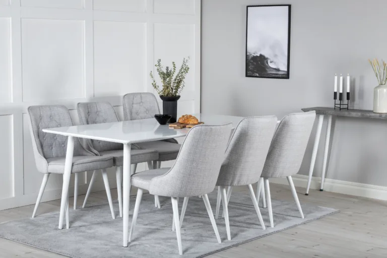 Polar ristkülikukujuline valge söögilauakomplekt MDF lauaga ja 6 helehalli polsterdatud tooliga - GR20578