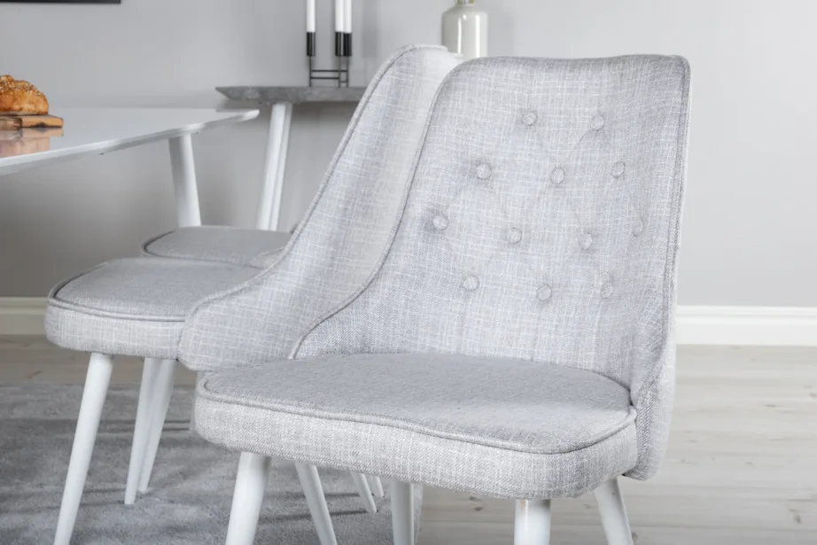 Polar ristkülikukujuline valge söögilauakomplekt MDF lauaga ja 6 helehalli polsterdatud tooliga, GR20578 – 6