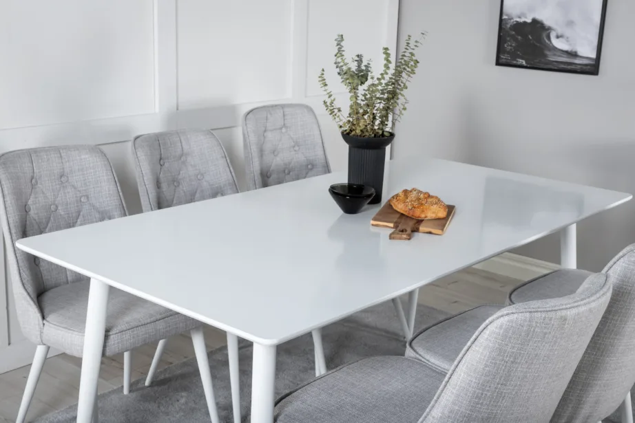 Polar ristkülikukujuline valge söögilauakomplekt MDF lauaga ja 6 helehalli polsterdatud tooliga, GR20578 – 7
