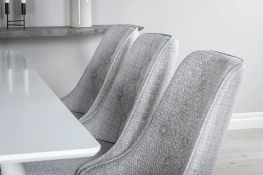 Polar ristkülikukujuline valge söögilauakomplekt MDF lauaga ja 6 helehalli polsterdatud tooliga, GR20578 – 8