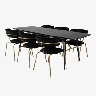 Laiendatav must söögilaud Gold koos mustade sametist Arrow toolidega messingjalgadel, GR20579