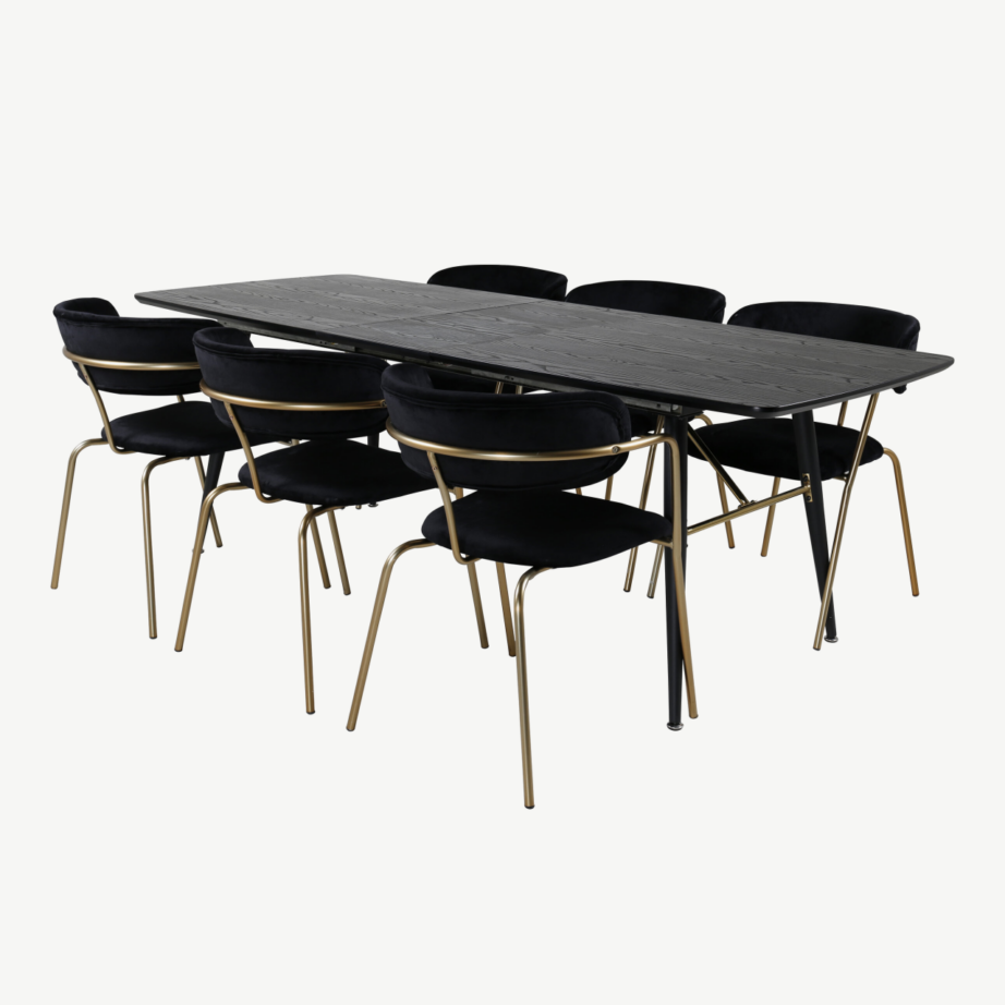 Laiendatav must söögilaud Gold koos mustade sametist Arrow toolidega messingjalgadel, GR20579