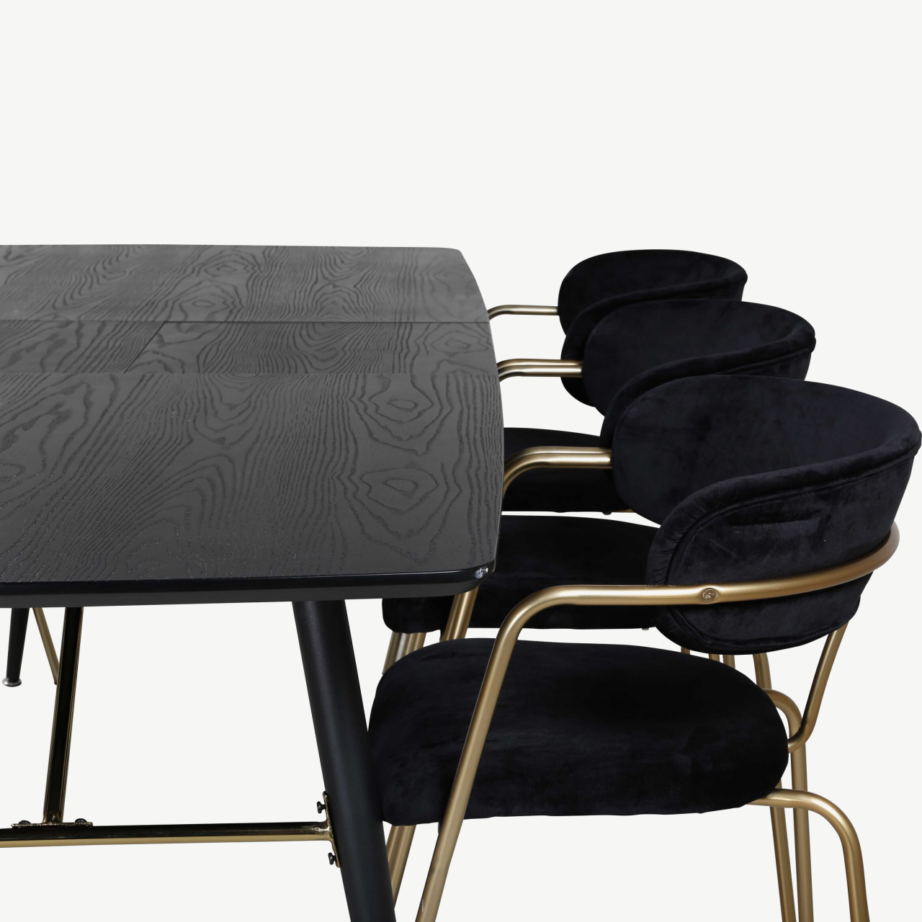 Laiendatav must söögilaud Gold koos mustade sametist Arrow toolidega messingjalgadel, GR20579 – 4