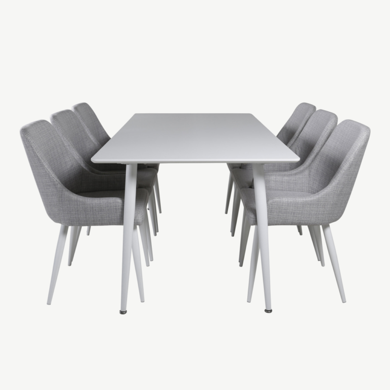 Polar söögilaud valge MDF, 180 cm ja Plaza helehallid söögitoolid - GR20584