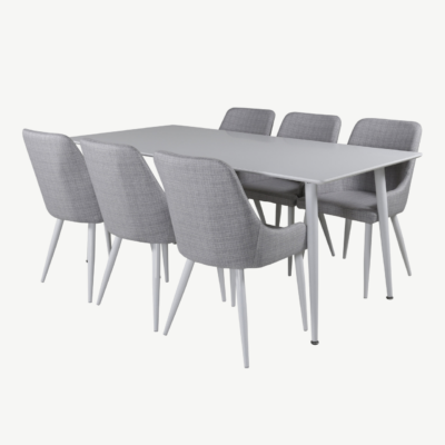 Polar söögilaud valge MDF, 180 cm ja Plaza helehallid söögitoolid - GR20584