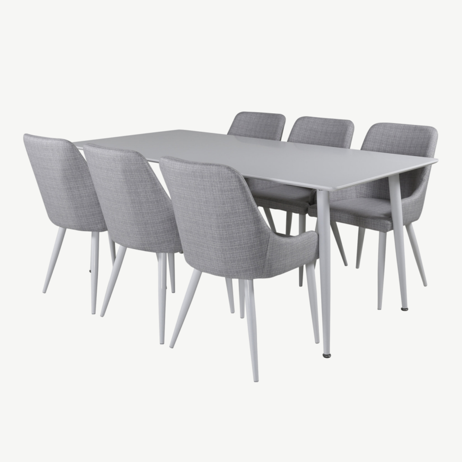 Polar söögilaud valge MDF, 180 cm ja Plaza helehallid söögitoolid, GR20584