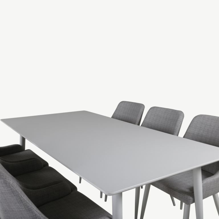 Polar söögilaud valge MDF, 180 cm ja Plaza helehallid söögitoolid - GR20584