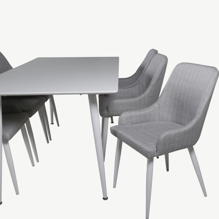 Polar söögilaud valge MDF, 180 cm ja Plaza helehallid söögitoolid - GR20584