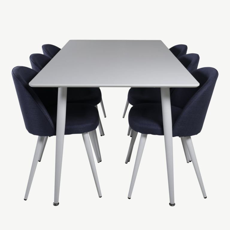 Valge MDF söögilaud Polar 180x90 cm ja sinised sametist toolid Velvet - GR20585