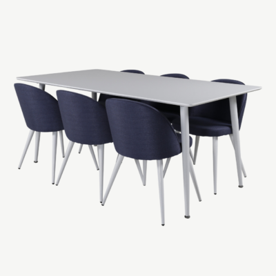 Valge MDF söögilaud Polar 180x90 cm ja sinised sametist toolid Velvet - GR20585
