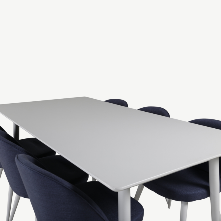 Valge MDF söögilaud Polar 180x90 cm ja sinised sametist toolid Velvet - GR20585