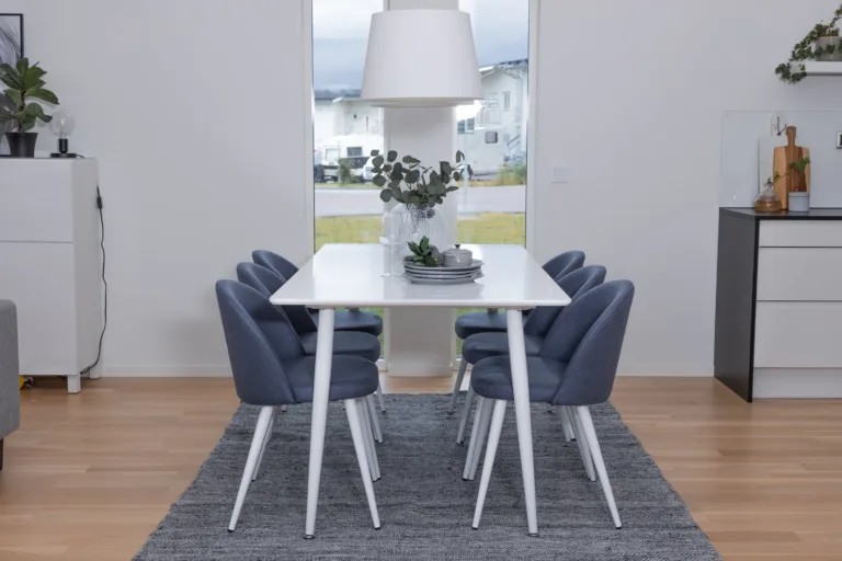 Valge MDF söögilaud Polar 180x90 cm ja sinised sametist toolid Velvet - GR20585