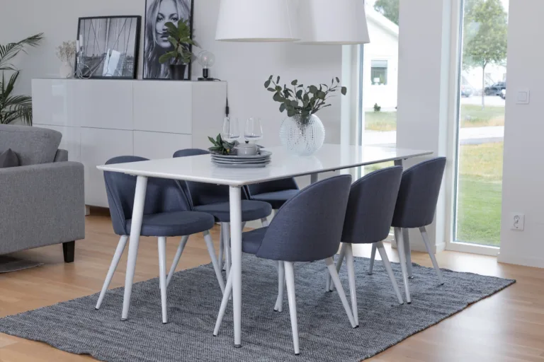 Valge MDF söögilaud Polar 180x90 cm ja sinised sametist toolid Velvet - GR20585