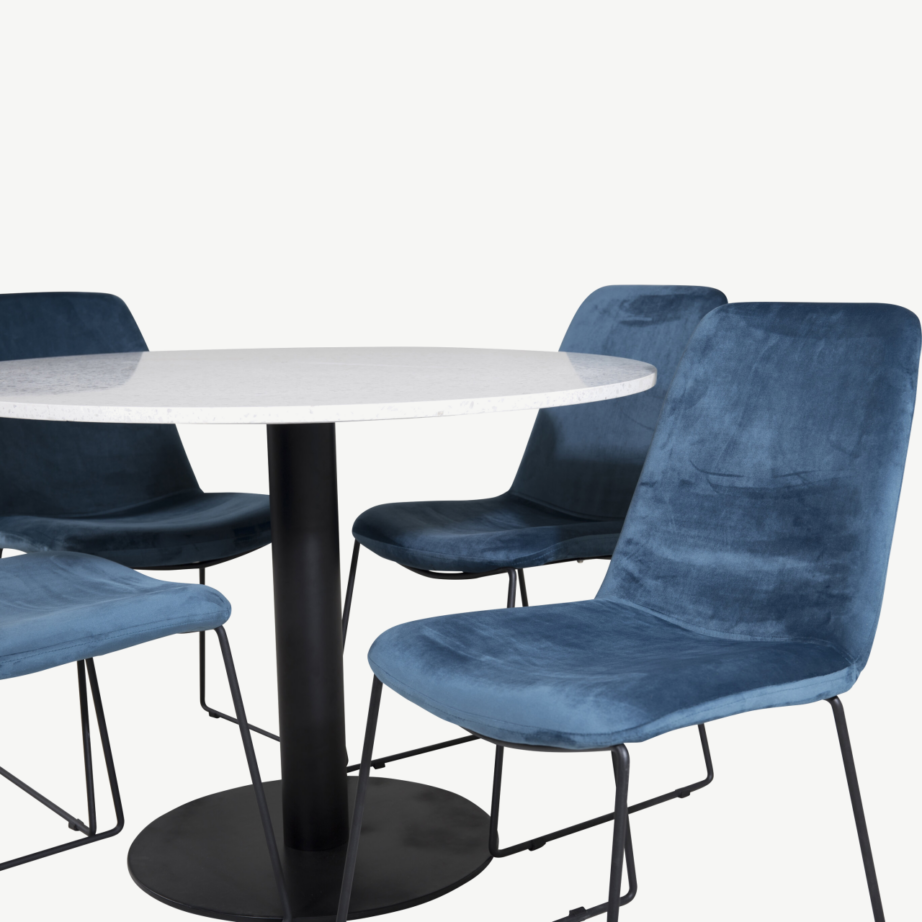 Razzia ümmargune söögikomplekt valgest terrazzo’st siniste sametiste toolidega, GR20616 – 2