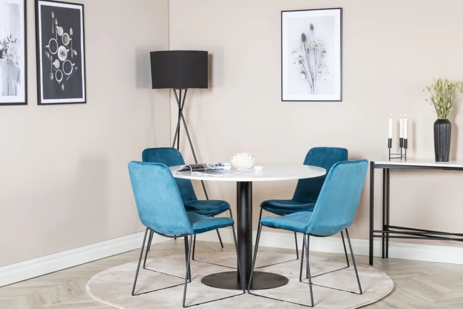 Razzia ümmargune söögikomplekt valgest terrazzo’st siniste sametiste toolidega, GR20616 – 3