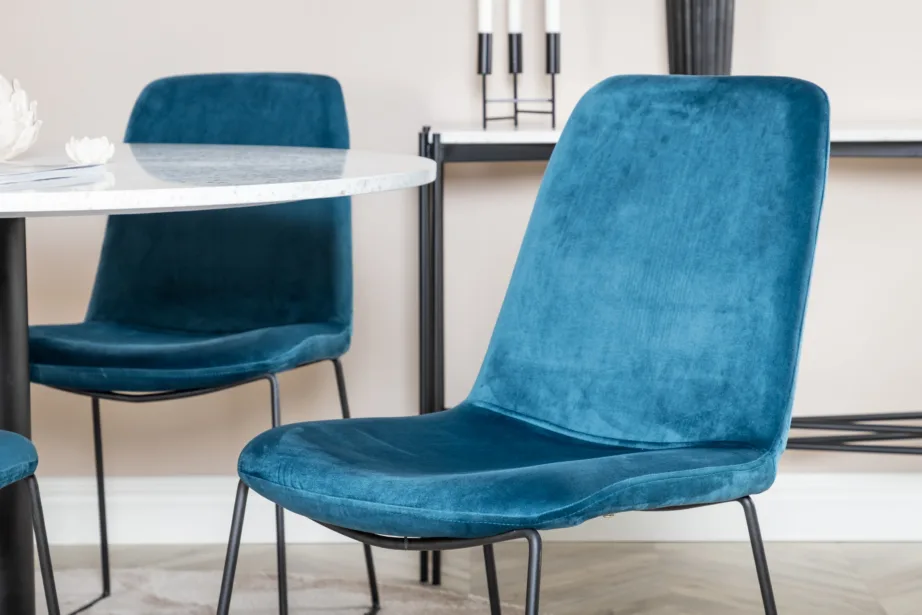 Razzia ümmargune söögikomplekt valgest terrazzo’st siniste sametiste toolidega, GR20616 – 4