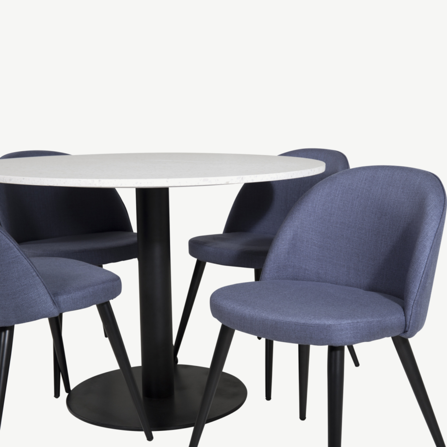 Ümmargune söögilauakomplekt Razzia terrazzo lauaplaadi ja musta terasjalaga, sinised Velvet toolid, GR20619 – 2