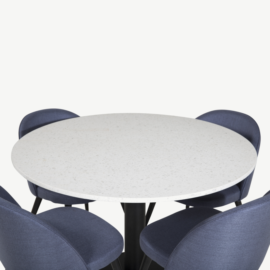 Ümmargune söögilauakomplekt Razzia terrazzo lauaplaadi ja musta terasjalaga, sinised Velvet toolid, GR20619 – 3