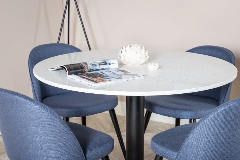Ümmargune söögilauakomplekt Razzia terrazzo lauaplaadi ja musta terasjalaga, sinised Velvet toolid, GR20619 – 6