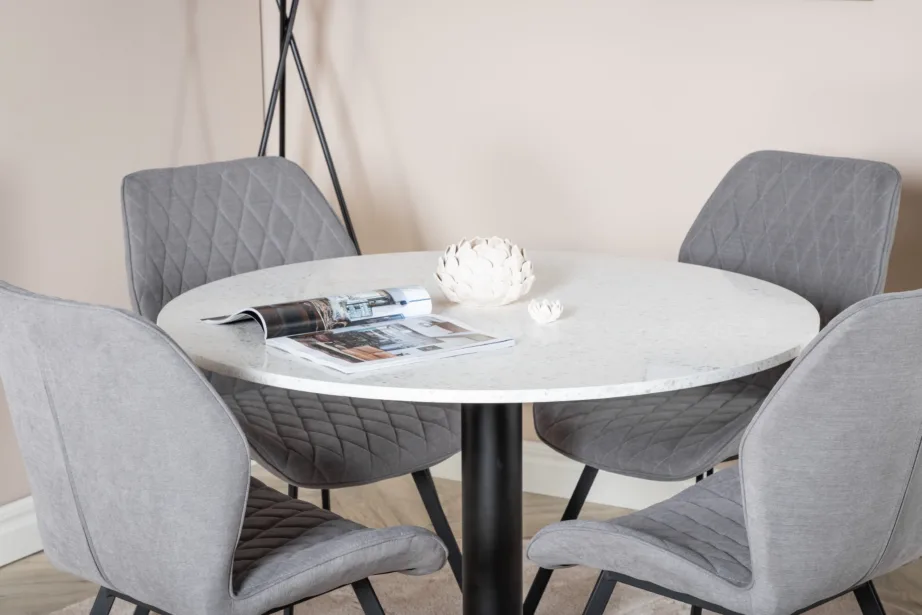 Ümmargune söögilaud Razzia terrazzo-plaadiga ja hallide Gemma toolidega komplekt, GR20622 – 6