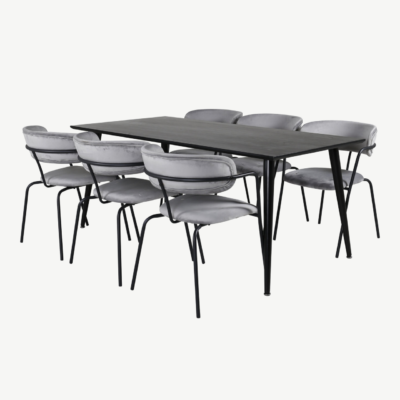 Must ristkülikukujuline söögilaud Dipp ja 6 halli velvetist tugitooli - GR20625