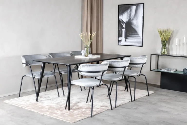Must ristkülikukujuline söögilaud Dipp ja 6 halli velvetist tugitooli - GR20625