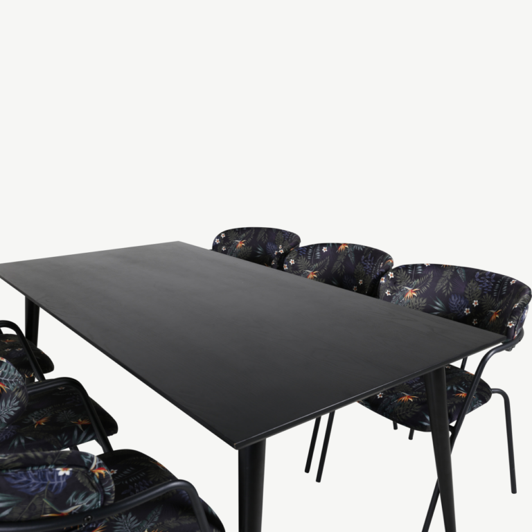 Must ristkülikukujuline söögilaud Dipp ja Arrow tugitoolid troopilise mustriga (6 tk) - GR20627