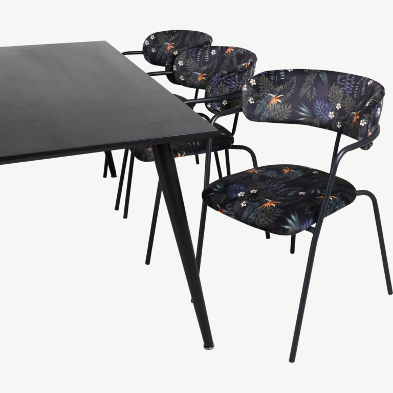 Must ristkülikukujuline söögilaud Dipp ja Arrow tugitoolid troopilise mustriga (6 tk) - GR20627