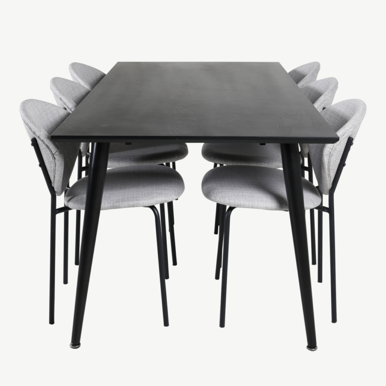 Ristkülikukujuline söögikomplekt Dipp (must vineer, 180x90cm) ja hallid kangast söögitoolid Vault - GR20628