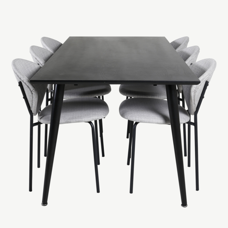 Ristkülikukujuline söögikomplekt Dipp (must vineer, 180x90cm) ja hallid kangast söögitoolid Vault, GR20628 – 2