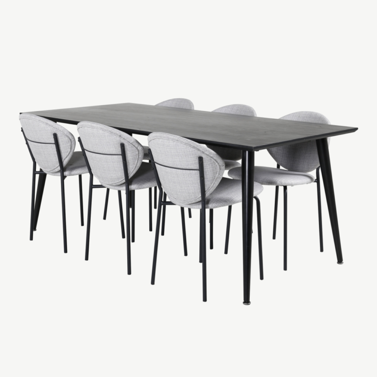 Ristkülikukujuline söögikomplekt Dipp (must vineer, 180x90cm) ja hallid kangast söögitoolid Vault - GR20628